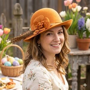 Easter / High Tea Hat / Bonnet | Orange Felt Flower Cloche Hat with Feather Trim